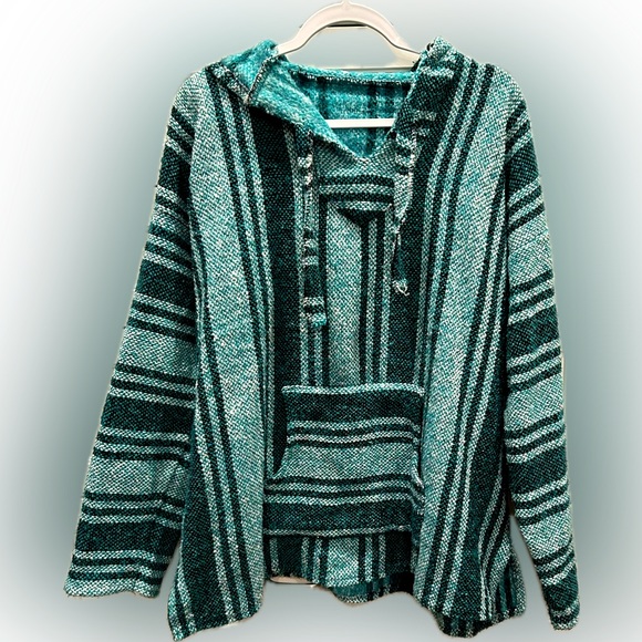 MEXICAN Green Striped Baja Hoodie Unisex Pullover Beach Sweatshirt EUC - Picture 1 of 6